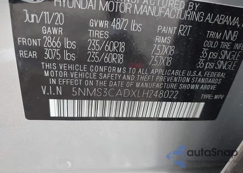 2020 Hyundai Santa Fe Sel z USA, uszkodzony, nr VIN 5NMS3CADXLH248022